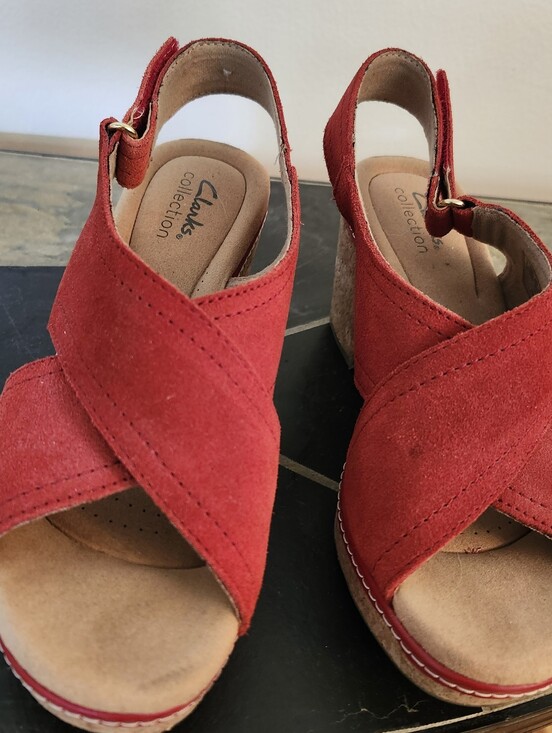 Clarks Shoes - Clarks Red Suede Crossover Wedge Sandals